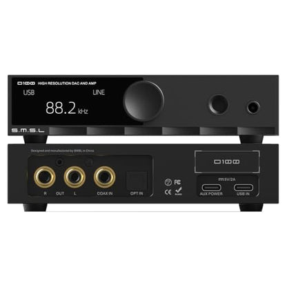 S.M.S.L SMSL D100 HiFi Audio DAC Headphone Amplifier, ES9081 Chip XMOS XU-316 Desktop DAC, Full MQA DSD512 PCM768kHz, 4.4mm Balanced/6.35mm/RCA Output for PC Gaming Speakers - color: Black