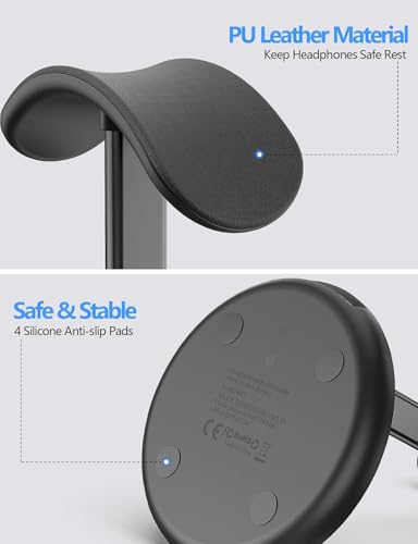 Miroddi Headphone Stand with Wireless Charger, Independent USB Charging Port, 5 in 1 Charging Station Headset Holder Rack for AirPods Max/Pro/4/3/2, iWatch, iPhone, Samsung and Desk Headphones, Black - color: Black-Upgrade