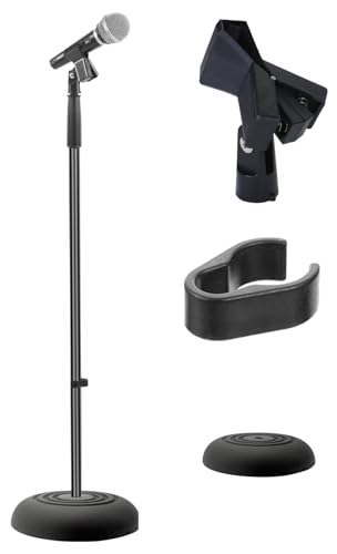 Pyle Adjustable Height Microphone Stand, 36.2" - 63.7” Inches Universal Mic Holder, Compact Design, Sturdy and Lightweight, Ideal for Studio and Concerts, With Mic Clip, Rubber Base (Black) - style: Round Base Floor Mic Stand