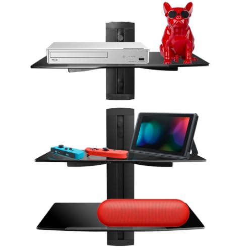 suptek 3 Floating Shelf Wall Bracket with Strengthened Tempered Glass for DVD Players/Cable Boxes/Games Consoles/TV Accessories, 3 Shelves, Black, CS303 - color: Black 3 Tiers