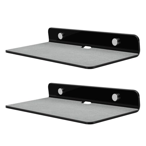 TNP Small Floating Speaker Shelf Wall Mount, Acrylic, 9 Inch, 2 Pack, Black | For Cameras, Phones and Wi-Fi Routers with An Anti-Slip Pad and Built-In Cable Management - color: Black, size: 9.3 x 4 x 1.2 Inches