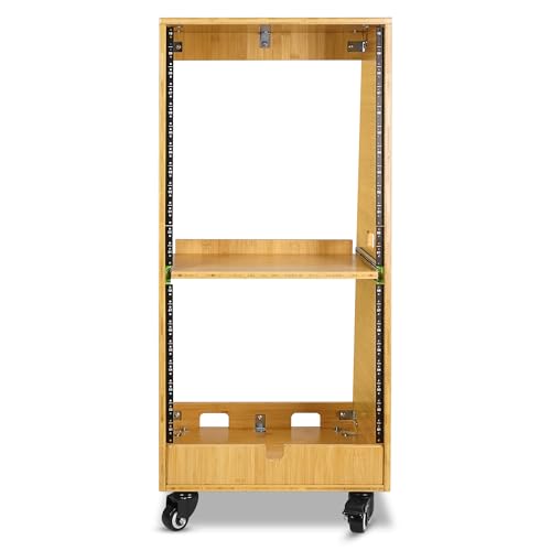 Sound Town DIY Solid Carbonized Bamboo Slanted 20U Studio Rack (12U Top + 8U Lower), with 2U Bottom Storage, Slide-Out Tray, Caster, For Recording Room, Home Studio (STBR-ST20T) - size: 20U(12U Top + 8U Lower),Carbonized Bamboo