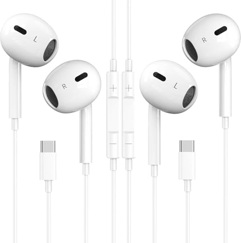 USB C Headphones, 2 Pack Type C Headphones Wired in Ear Earbuds with Mic & Volume Control Noise Cancelling for iPhone 15/16/17,iPad,Samsung Galaxy S25/S24/S23/S22/S21,Pixel 7/6,White