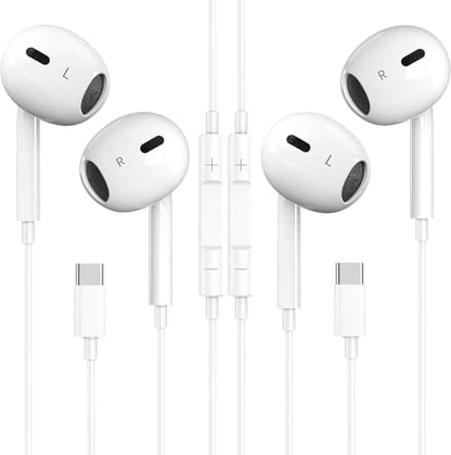 USB C Headphones, 2 Pack Type C Headphones Wired in Ear Earbuds with Mic & Volume Control Noise Cancelling for iPhone 15/16/17,iPad,Samsung Galaxy S25/S24/S23/S22/S21,Pixel 7/6,White