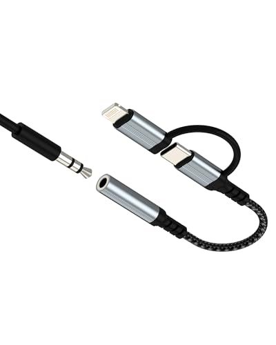 USB C Lightning to 3.5mm Audio Adapter(2in1) for iPhone 16 15 14 13 Pro Max AUX Headphone Jack Cable for Apple Dongle Car Microphone Female Connector Compatible for Samsung Adaptor Headset Adaptador