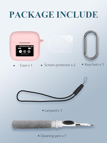 Case for JBL Tour Pro 3 - True Wireless Noise Cancelling Earbuds, Soft Silicone Protective Portable Scratch Shock Resistant with 2pack Screen Protector &Cleaner Kit & Carabiner & Lanyard，Pink - color: PINK