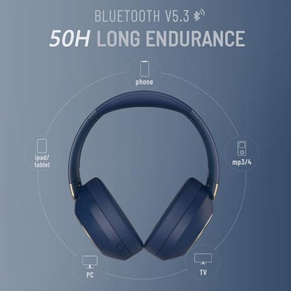 LORELEI B-C6 Wireless Over Ear Headphones, 50H Playtime Foldable Lightweight Bluetooth Headsets, Deep Bass, Built-in Microphone, Memory Foam Earmuff, for Travel, Home Office (Navy Blue) - color: Blue
