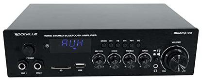 Rockville BLUAMP 90 Bluetooth 5.0 Stereo Receiver Amp with HDMI ARC | 400W Peak/50W x 2 RMS at 4 Ohm, HDMI ARC, Optical, Phono/Aux, USB/SD, Dual 1/4" Mic Inputs with Echo, RCA Output, Remote