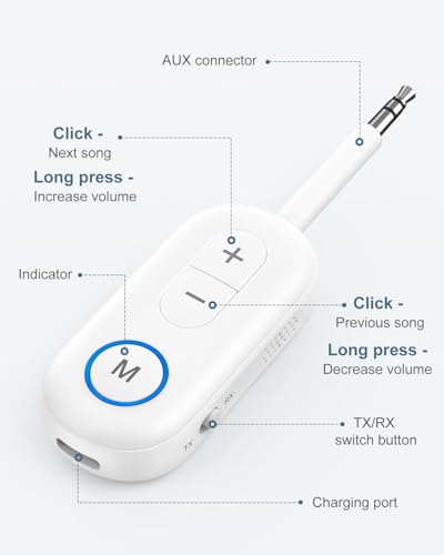 Upgraded Bluetooth 5.3 Audio Adapter, 2 in 1 Bluetooth Transmitter Receiver, Wireless Headphones, Low Latency, Hands-Free, Audio Adapter for Airplane/Travel/Car/Home Stereo - color: White