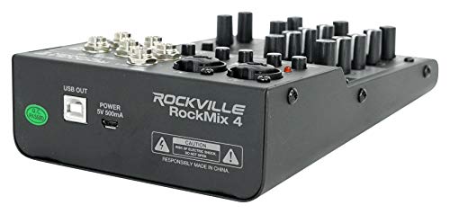 Rockville RockMix 4 4-Channel Pro Recording Mixer with USB Interface, EQ | Mic, Instrument Inputs, 48V Phantom Power, XLR 1/4" Combo Jacks, 16-Bit 48kHz USB Recording, Loopback, Mac PC