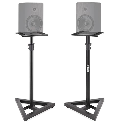 Pyle Speaker Stand Pair of Sound Play 1 and 3 Holder - Telescoping Height Adjustable from 26” - 52” Inch High Heavy Duty Three-point Triangle Base w/ Floor Spikes and 9” Square Platform, Black