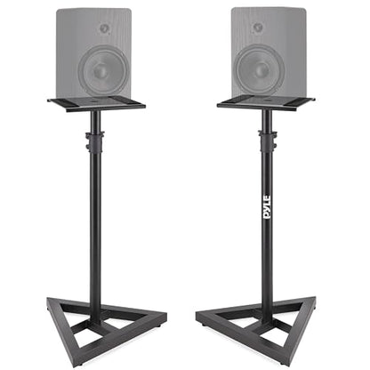 Pyle Speaker Stand Pair of Sound Play 1 and 3 Holder - Telescoping Height Adjustable from 26” - 52” Inch High Heavy Duty Three-point Triangle Base w/ Floor Spikes and 9” Square Platform, Black