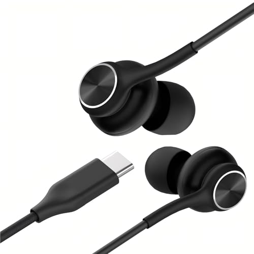 Earbuds Stereo in-Ear Headphones Three-Year Warranty for Galaxy Z Fold6 S24 S23 S22 S21 S20, Note 10, 10+ with Microphone and Volume Remote Type-C Connector-（Black）