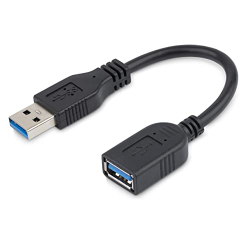 StarTech.com 6in Short USB 3.0 (5Gbps) Extension Adapter Cable (USB-A Male to USB-A Female) - USB 3.2 Gen1 Port Saver Cable - Black (USB3EXT6INBK) | Male to Female port saver, Short, 3.2 Gen1, Braided shielding, Aluminum-mylar foil, Molded strain relief,