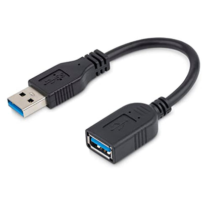 StarTech.com 6in Short USB 3.0 (5Gbps) Extension Adapter Cable (USB-A Male to USB-A Female) - USB 3.2 Gen1 Port Saver Cable - Black (USB3EXT6INBK) | Male to Female port saver, Short, 3.2 Gen1, Braided shielding, Aluminum-mylar foil, Molded strain relief,