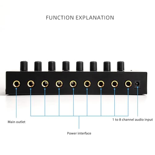 HERCHR Headphone Amplifier 8 Channel Metal Stereo Audio Amplifier, 100 to 240V Portable Headphone Amp with Power Adapter for Studio and Stage