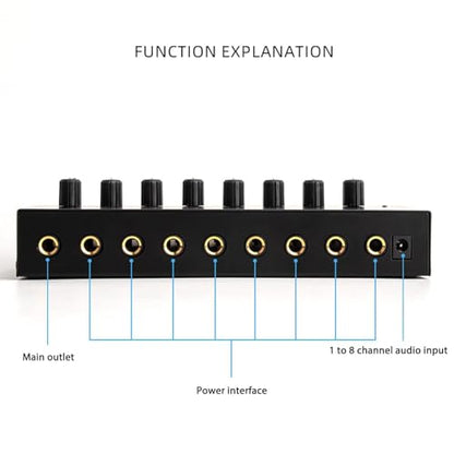 HERCHR Headphone Amplifier 8 Channel Metal Stereo Audio Amplifier, 100 to 240V Portable Headphone Amp with Power Adapter for Studio and Stage