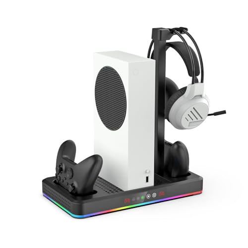Cooling Fan & Charging Stand for Xbox Series X/S Console & Controller,Vertical Cooler System Dual Charger Station Dock Accessories for Xbox Series S/X with RGB Lights，Independent Headset Stand