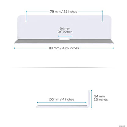 BRAINWAVZ 2-Pack 4” Small Floating Shelf Bluetooth Speaker Stand, Adhesive & Screw Wall Mount, Anti Slip, for Cameras, Baby Monitors, Webcam, Router & More, Universal Holder (SHELF11 White) - color: White
