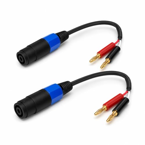 Banana Plug to Speakon Cable 8 Inch 2-Pack, 12AWG 30A Gold-Plated NL4FX Twist-Lock, Short Amp Rack Speaker Wire for QSC Crown JBL Yamaha DJ PA System