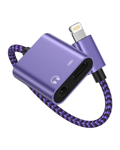 2-in-1 Lightning to 3.5mm Audio Adapter with Charging, Headphone Splitter | MFi Certified iPhone Aux Adapter Female Converter for Apple 14 Plus 13 12 11 Pro Max XR XS iPad mini iPod, Car & Home Stereo - color: Purple