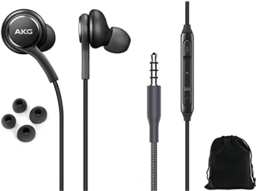 ElloGear 2023 OEM Earbuds Stereo Headphones for Samsung Galaxy S10 S10e Plus A31 A71 Cable - Designed by AKG - with Microphone and Volume Buttons (Black) with Carrying Pouch