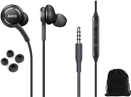 ElloGear 2023 OEM Earbuds Stereo Headphones for Samsung Galaxy S10 S10e Plus A31 A71 Cable - Designed by AKG - with Microphone and Volume Buttons (Black) with Carrying Pouch