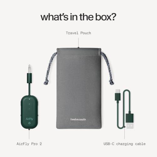 Twelve South AirFly Pro, Bluetooth Wireless Audio Transmitter, Evergreen | Bluetooth Adapter for AirPods/Headphones, 20+ Hr Battery, Works with 3.5mm aux Jacks on Airplanes, TVs, Gym Equipment, Travel - color: Evergreen, style: AirFly Pro 2