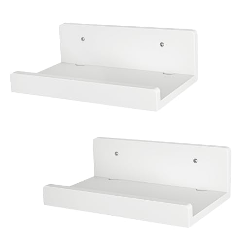Floating Wall Shelves Set of 2, 12-Inch Solid Wood Shelves with Cable Holes, Small Display Shelf for Router, Webcam, Smart Speaker, Camera – White - color: White, size: 12 Inch-2 Pcs