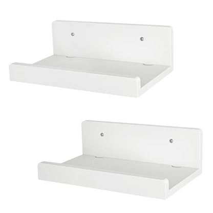 Floating Wall Shelves Set of 2, 12-Inch Solid Wood Shelves with Cable Holes, Small Display Shelf for Router, Webcam, Smart Speaker, Camera – White - color: White, size: 12 Inch-2 Pcs