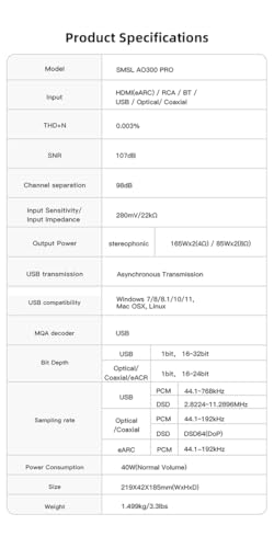 SMSL AO300Pro Power Amplifier DAC Headphone Amp 2.1CH 165Wx2 with MA5332MS IC MQA MQA-CD DAC CS43131 IC 4.4mm/6.35mm 768K/32Bit XMOS XU316 USB/BT5.3/Coax/Opt/RCA/HDMI(eARC) Input Amps(Black)