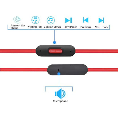 3.5mm Replacement Audio Cable for Beats Headphones - Compatible with Solo Pro/Studio/Executive/Mixr, Detox & Pill - in-Line Mic & Volume Control (Black/Red)