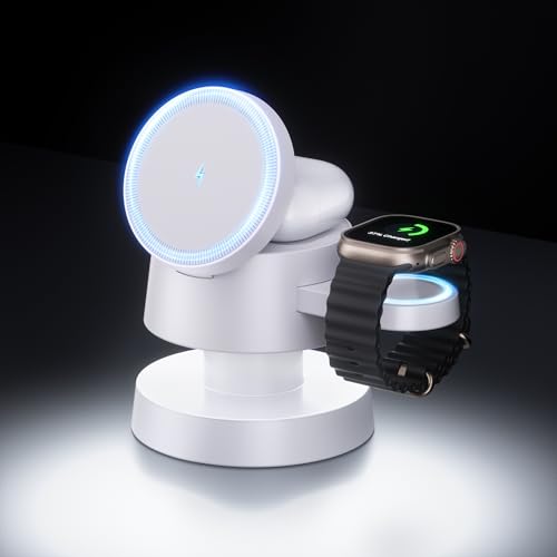 4 in 1 Magnetic Wireless Charging Station,15W Fast Charging with Night Light for MagSafe Charger Stand,3 in 1 Wireless Charger for iPhone 17/16/15/14/13 Pro Max,Apple Watch & AirPods,White - color: White