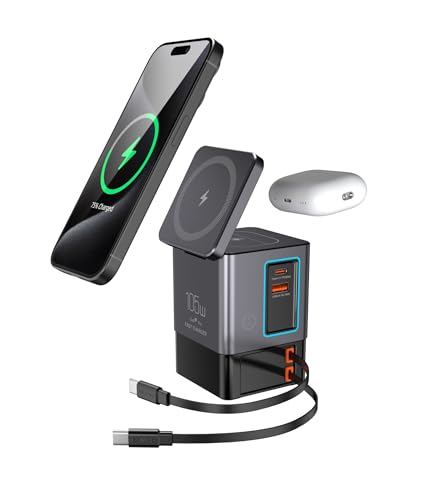105W Charging Station–MagSafe Compatible,6-in-1 Charging Dock,Gan Retractable Charger with Dual 65W Cables,USB-C Fast Charging for iPhone, AirPods,Tablets.