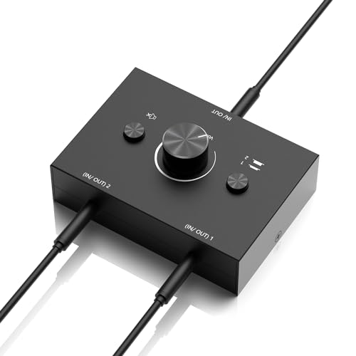 3.5mm Audio Switcher - 2 Input 1 Output / 1 Input 2 Output Audio Splitter, One-Key Mute Button, No External Power Required