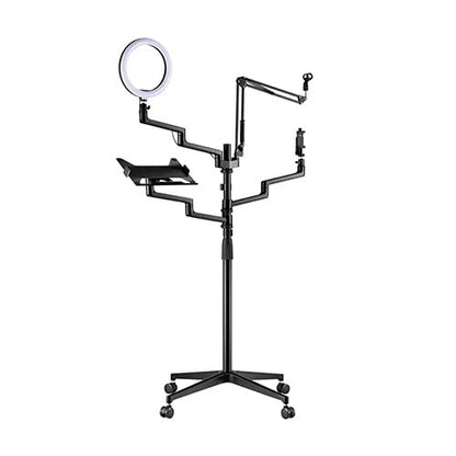 MDS11-2 Live Broadcast Boom Arm And Mobile Cart | Flexible Desk Mount Camera Arm | Clamp Webcam Stand | Microphone Boom Arm | Laptop Stand | 10" LED Ring Light | Voice Recording And Podcasting