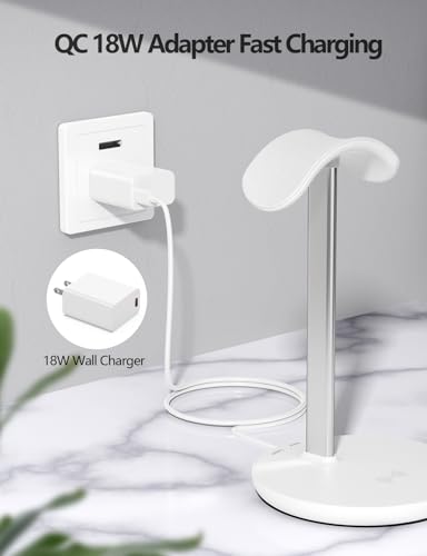 Miroddi Headphone Stand with Wireless Charger, Independent USB Charging Port, 5 in 1 Charging Station Headset Holder Rack for AirPods Max/Pro/4/3/2, iWatch, iPhone, Samsung and Desk Headphones, White - color: White