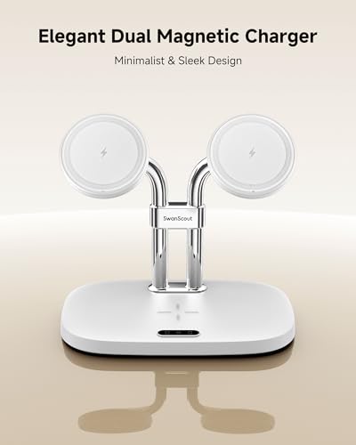 Dual Wireless Charger for iPhone 17, SwanScout 706M, White | Dual Magnetic Charger for iPhone Air/16/15/14/13/12 Series, Charging Station for AirPods Pro 3/2, AirPods 4/3 - color: White