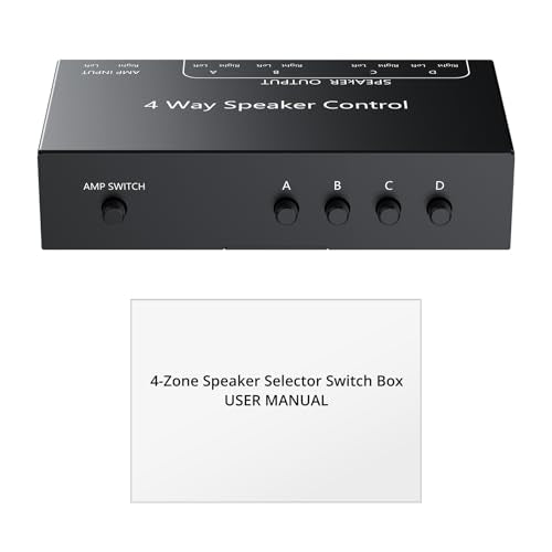 PROZOR 4-Zone Speaker Selector Switch, Passive Speaker Switch Box for 1 Amplifier to 4 Speaker Pairs, Independent A/B/C/D Buttons, 150W RMS per Channel, Supports 4–16Ω Passive Speakers | for 1 Amplifier to 4 Speaker Pairs, Independent A/B/C/D Buttons, 150
