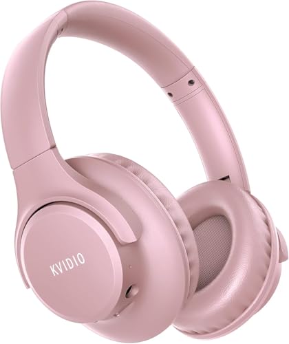 KVIDIO Bluetooth Headphones Over Ear, 65 Hours Playtime Wireless Headphones with Microphone, Foldable Lightweight Headset with Bass and Stereo Sound Low Latency for Travel Work Cellphone - color: Pink