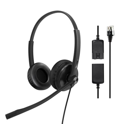 Yealink Phone Headsets for Office Phones YHS34 QD to RJ9 Wired Headset | Leather ear pads,Compatible with Poly Snom Phones Desk Landline Headset with Microphone -Dual/129g/2.1m Cable - color: leather Ear Cushions, size: Dual