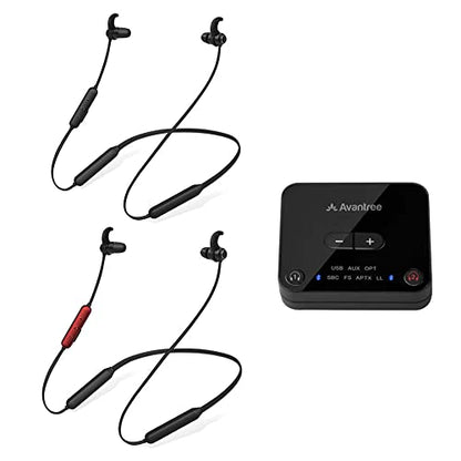 Avantree HT41866 - Dual Wireless TV Earbuds with Bluetooth Transmitter | 20-Hour Battery Life with No Lip-Sync Delay, Plus Optical, RCA, and AUX Support for Easy TV Setup.