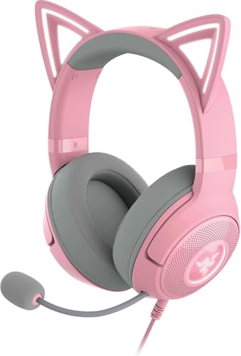 Razer Kraken Kitty V2 USB Wired RGB Headset: Chroma Kitty Ears - Stream Reactive Lighting - HyperClear Cardioid Mic - Triforce 40 mm Drivers - 7.1 Surround Sound - Quartz Pink (Renewed)
