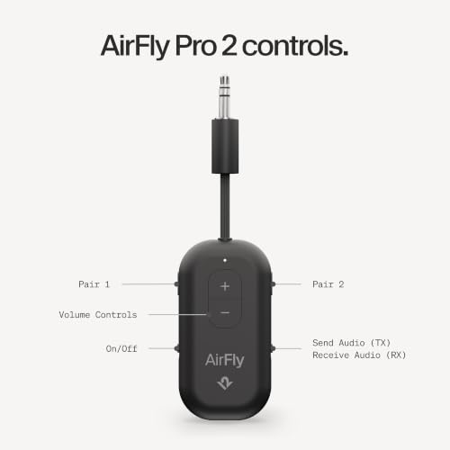 Twelve South AirFly Pro 2, Bluetooth Adapter, Pair 2 AirPods, Black | Pair 2 AirPods or Wireless Headphones – 3.5mm AUX Bluetooth Transmitter and Receiver for Cars, Boats, Treadmills, TVs & More - color: Black, style: AirFly Pro 2