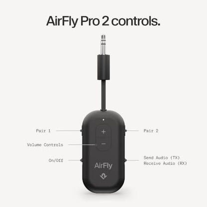 Twelve South AirFly Pro 2, Bluetooth Adapter, Pair 2 AirPods, Black | Pair 2 AirPods or Wireless Headphones – 3.5mm AUX Bluetooth Transmitter and Receiver for Cars, Boats, Treadmills, TVs & More - color: Black, style: AirFly Pro 2