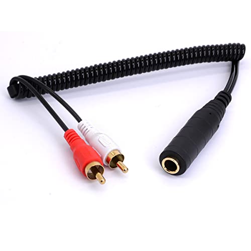 Coiled 6.35mm to 2 RCA Y Splitter Cable (80cm/2.6ft) | Spring Gold-Plated 6.35mm (1/4 inch) TRS Female to 2 (Dual) RCA Male Stereo Audio Y Splitter Adapter(for Audio only)