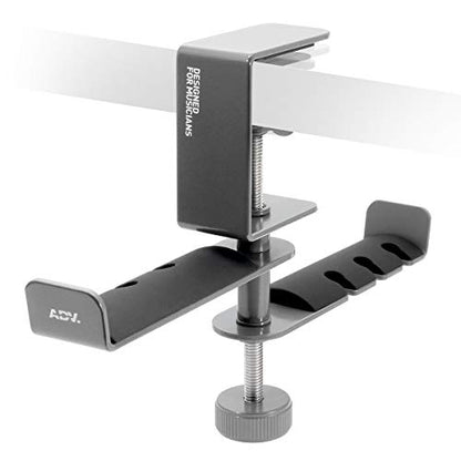 ADV. Dual Suspension Headphone Stand – Floating Headset Stand with 360° Rotating Arm, Adjustable Clamp for Desk/Table, Steel Metal Holder, 3.5mm Jack Mount, Universal Fit, [Grey]