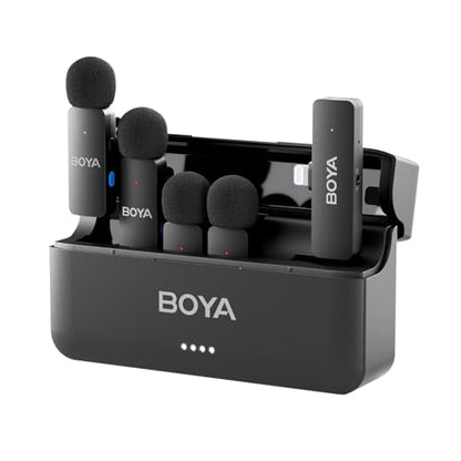 Professional 4-Person Wireless Lavalier Microphone System for iPhone 12/13/14/iPad, Noise Reduction, 650FT Long Range, 18H Battery Charging Case, Mini Mic for Interview Vlog Podcast Live Streaming