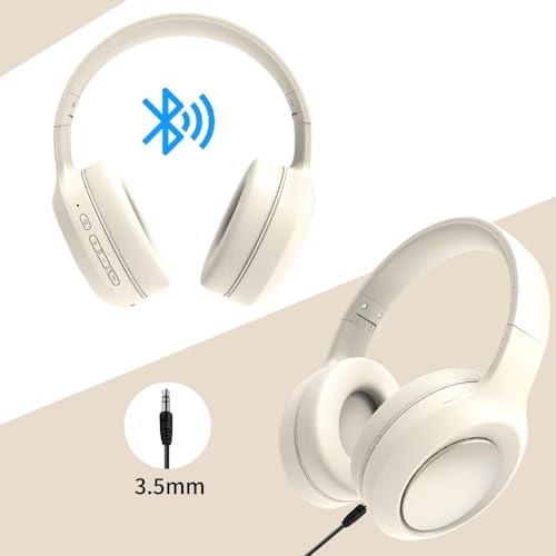 Bingozones Beige Noise Cancelling Headphones Wireless,Bluetooth Headphones Over Ear, Wireless Headsets with Mic,60H Playtime,Deep Bass Memory Foam Ear Cups,Lightweight for Travel,Home,Gym