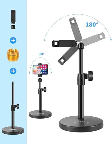 3 in 1 Desktop Microphone Stand, Height Adjustable Table Mic Stand | Iron material, 1lbs Round Base, with Mic Clip, Cell Phone Clip, 5/8" to 3/8" Metal Adapter for Podcast Livestream Recording - size: 101S